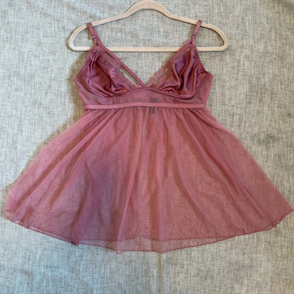 Victorias Secret Babydoll Lingerie Large Pink Mesh Satin Lace Strappy Back